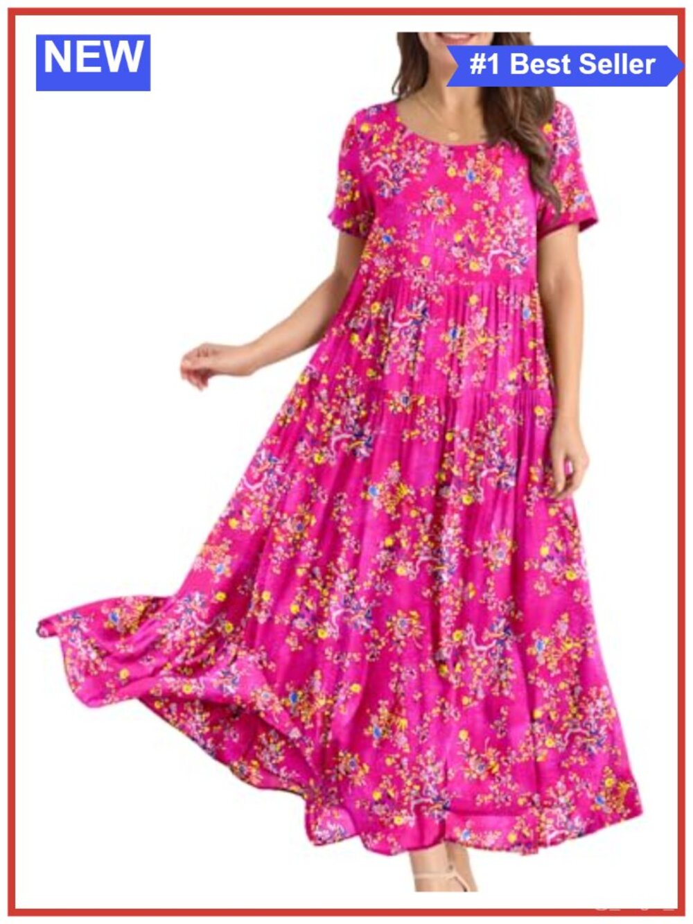 Women's Loose Bohemian Floral Maxi Dress with Pockets Short Sleeve Swing